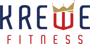 "KREWE FITNESS" logo with a red shield shaped like a 'W' topped with a gold crown, set against dark blue text.
