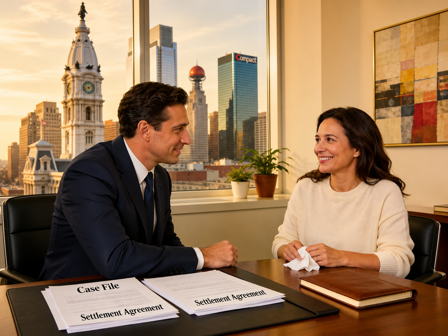 Personal injury attorney consulting with a client about a settlement agreement