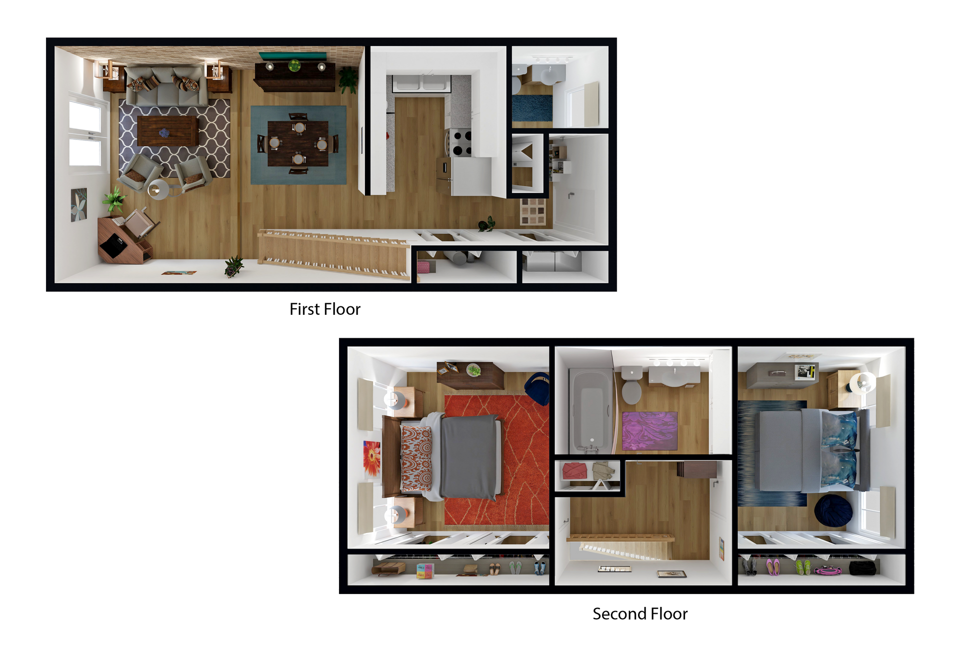 A 3d floor plan of a house with a bedroom , living room , and kitchen.
