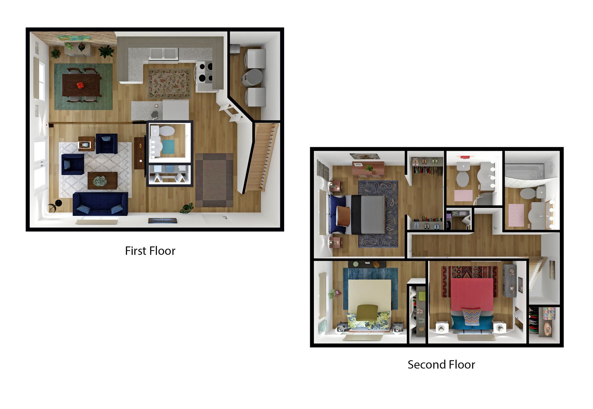 A 3d floor plan of a house showing the first floor and second floor.