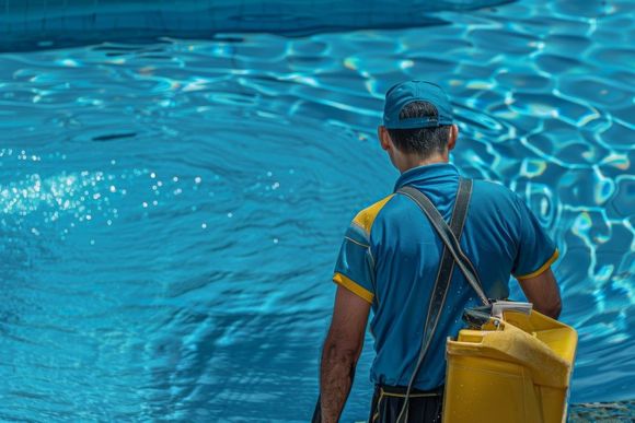 A man is standing in front of a swimming pool.