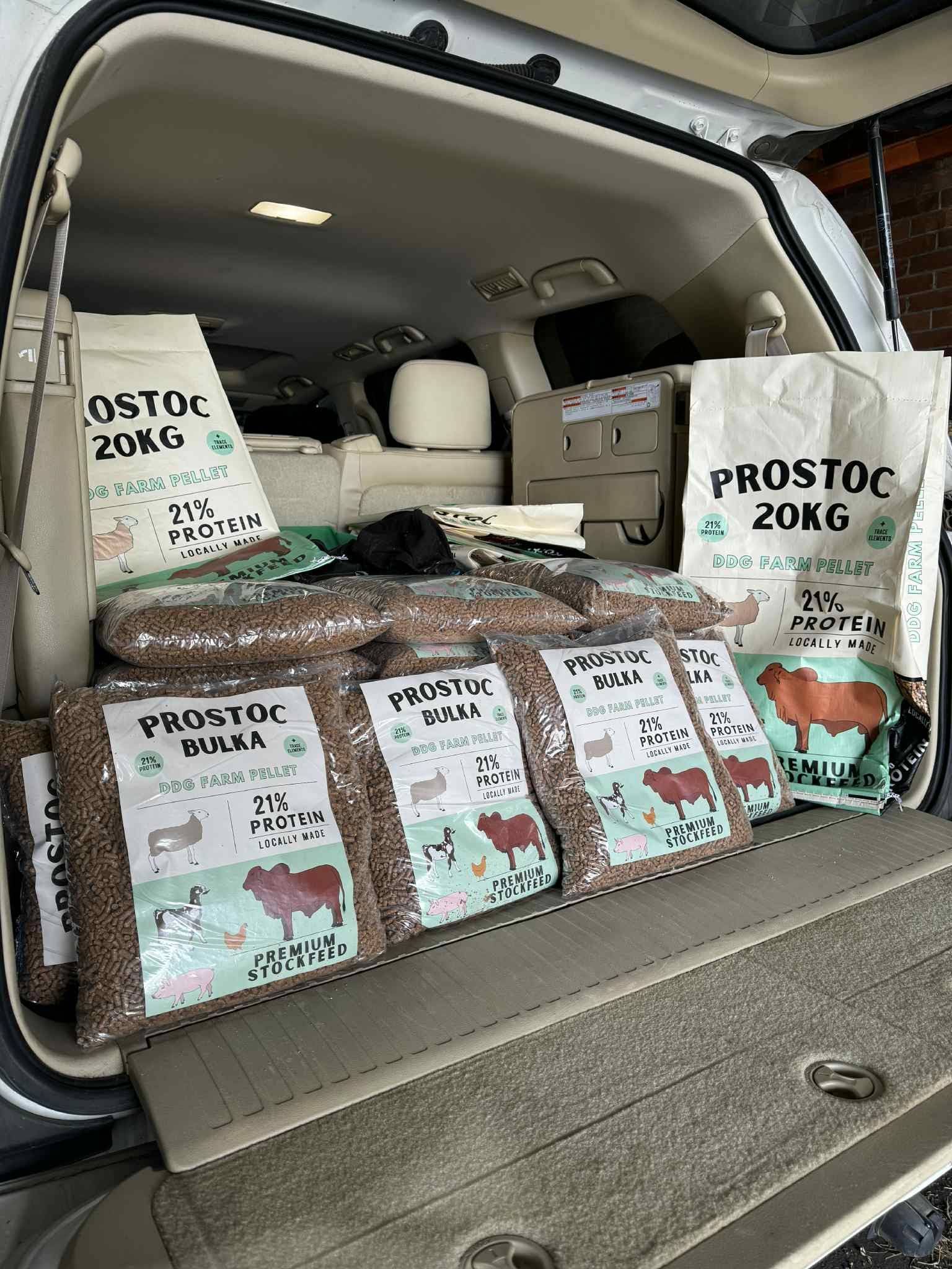 Back of a Vehicle Filled With Bags of Animal Feed — Prostoc In Willawarrin, NSW
