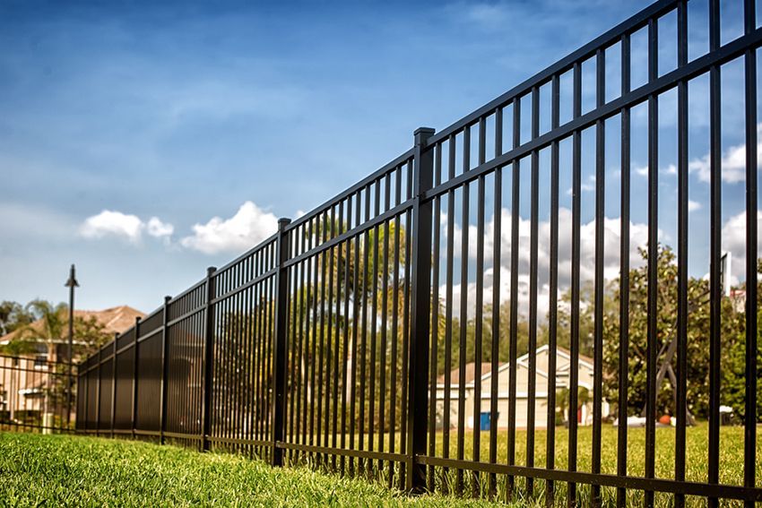 A Black Metal Fence Surrounds a Lush Green Field — HMJ Landscapes in Robina, QLD