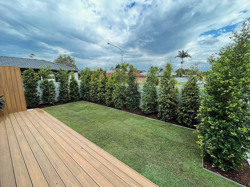 A Backyard with a Wooden Deck and a Lush Green Lawn — HMJ Landscapes in Broadbeach, QLD
