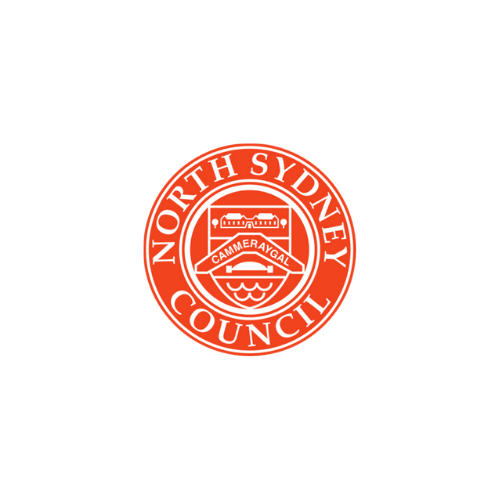 The north sydney council logo is red and white