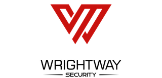 A logo for wrightway security with a red triangle on a white background.