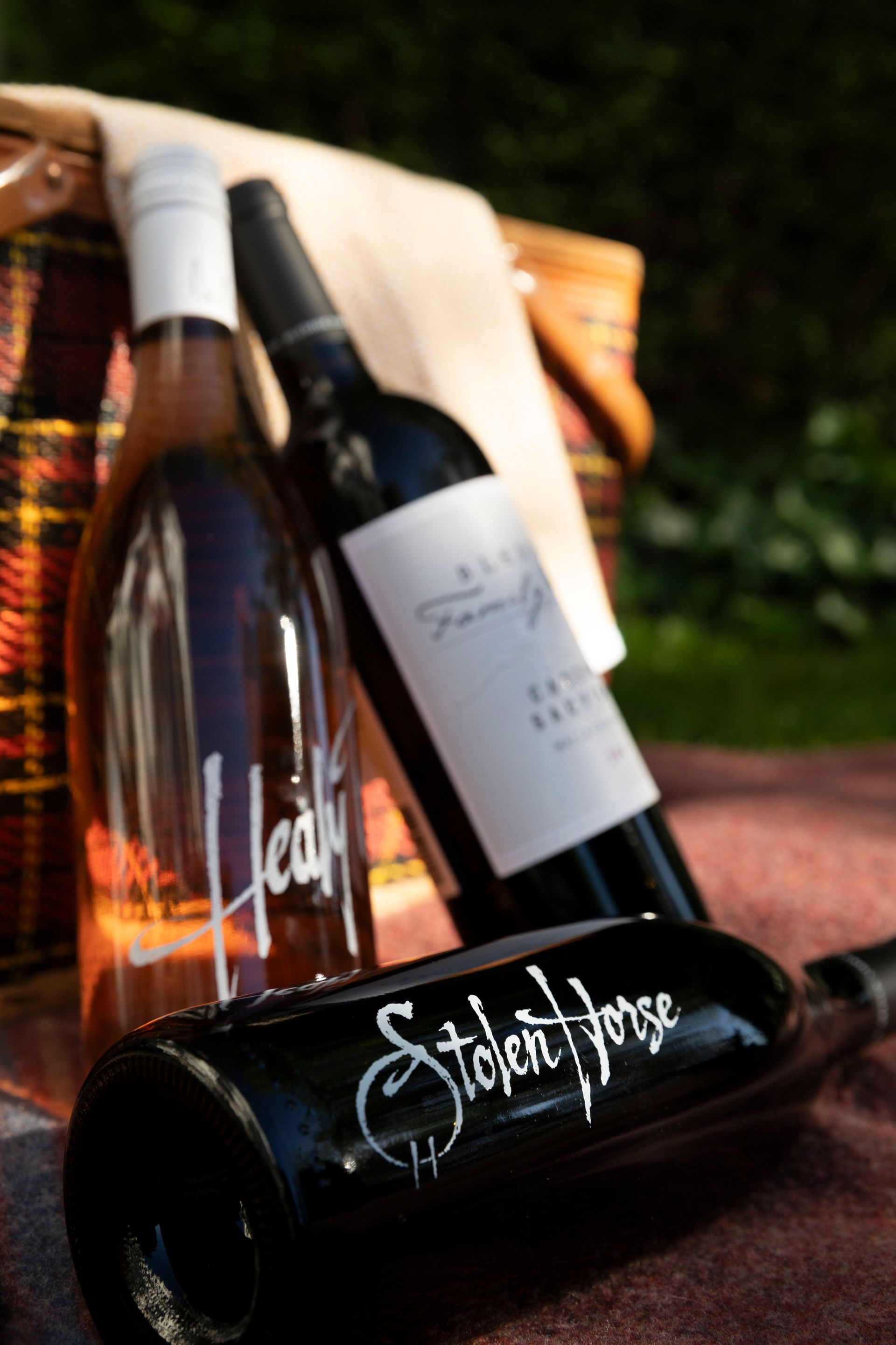 Three wine bottles on a brown surface, with one bottle in front and two leaning behind it outdoors.