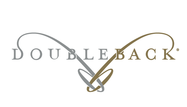Doubleback logo with gray and gold cursive lettering and a looping heart-like line design