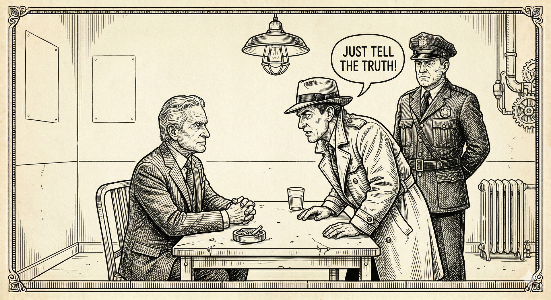 An interrogation scene: a man in a coat leans over a table at a seated man, saying, 