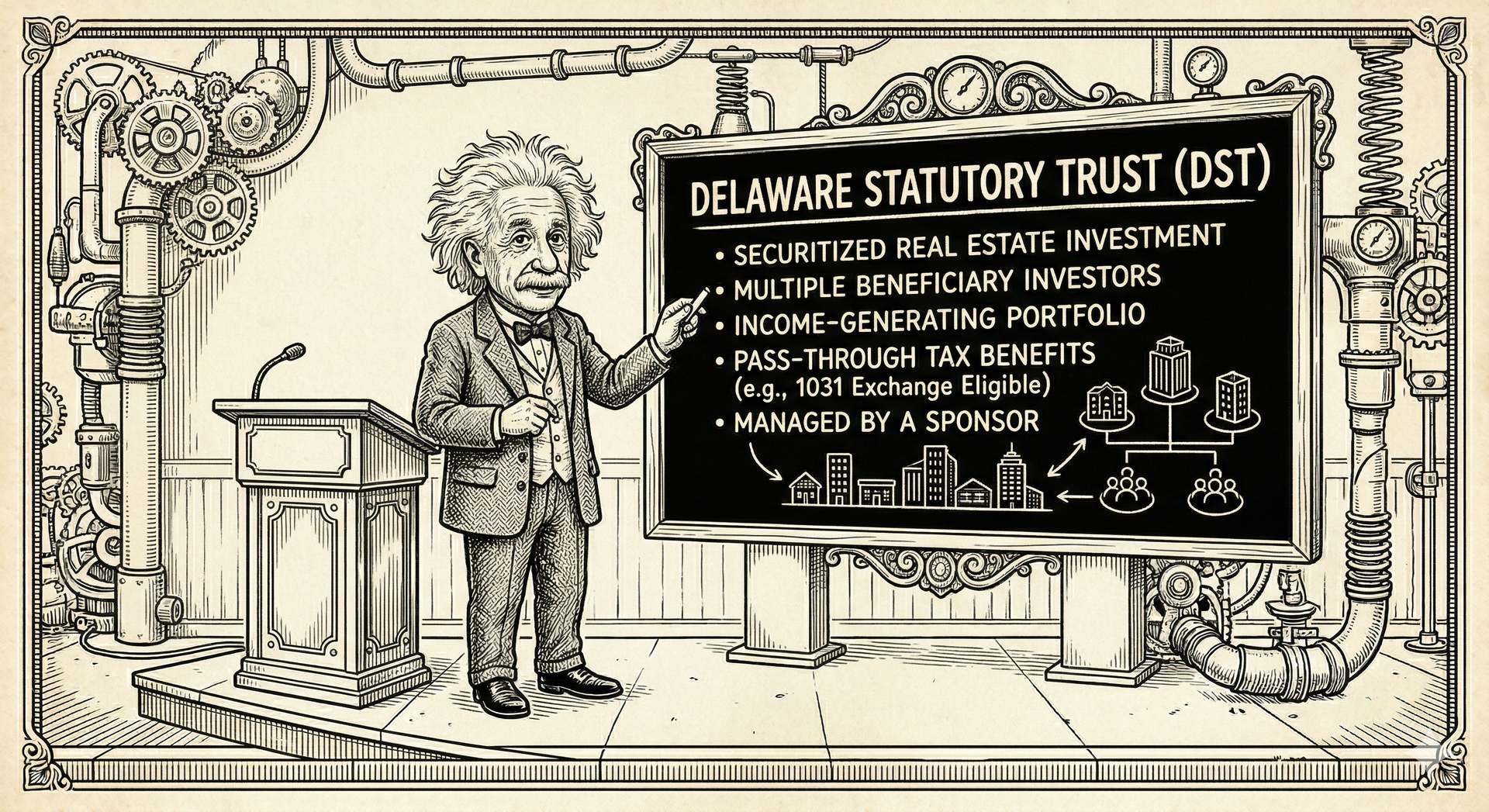 A caricature of Albert Einstein pointing to a chalkboard explaining the mechanics of a Delaware Statutory Trust (DST).