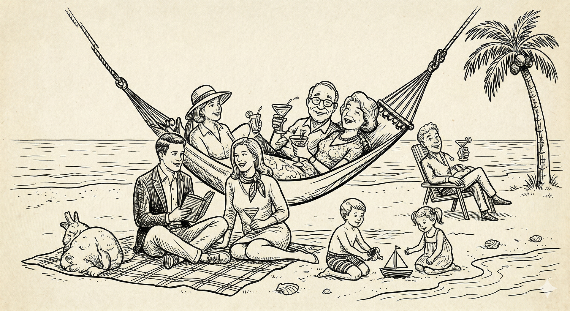 A family relaxes on a sandy beach, with some people in a hammock, others sitting on a blanket, and children playing nearby.