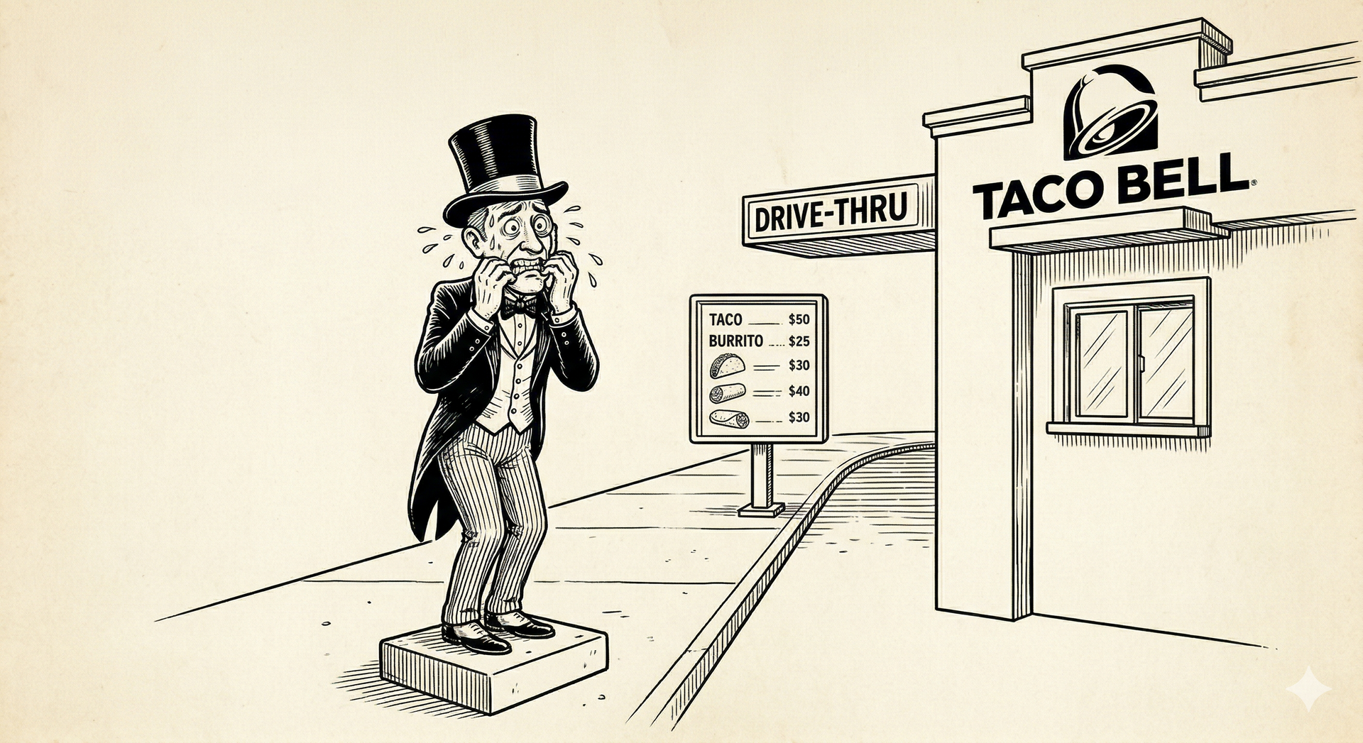 A cartoon Monopoly-style character standing on a scale outside a Taco Bell drive-thru with an expression of distress.