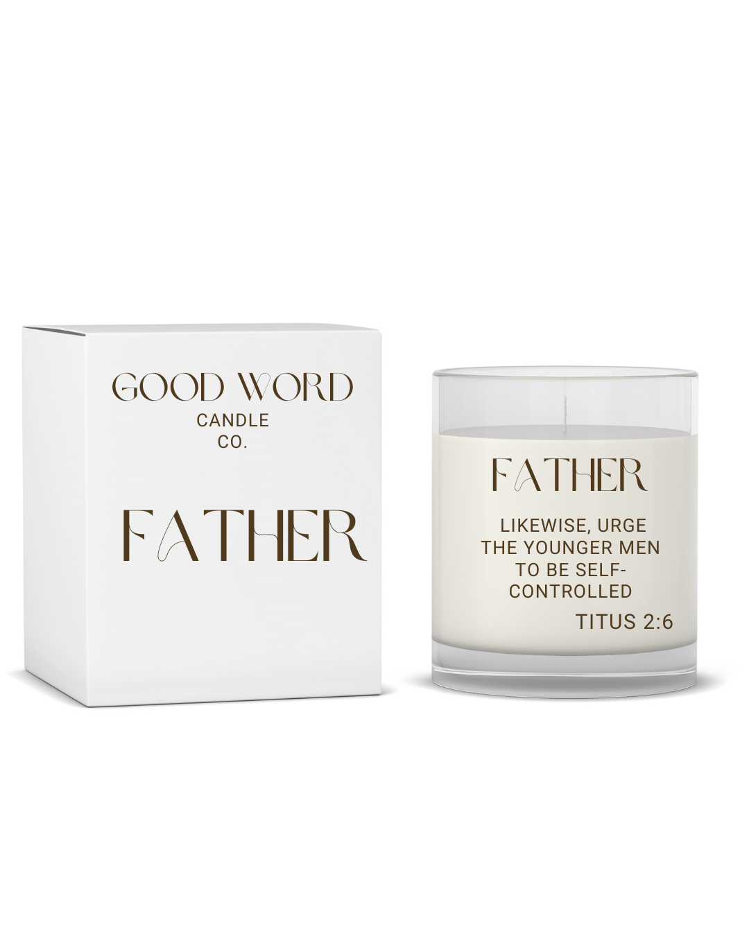 A white candle in a glass jar labeled 