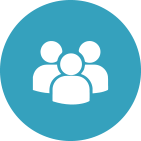 White silhouettes of three people within a teal circle, representing a group or team.