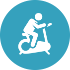 White figure cycling on an exercise bike, set in a teal blue circle.