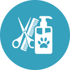 Pet grooming tools: scissors, comb, and shampoo bottle with paw print, within a teal circle.