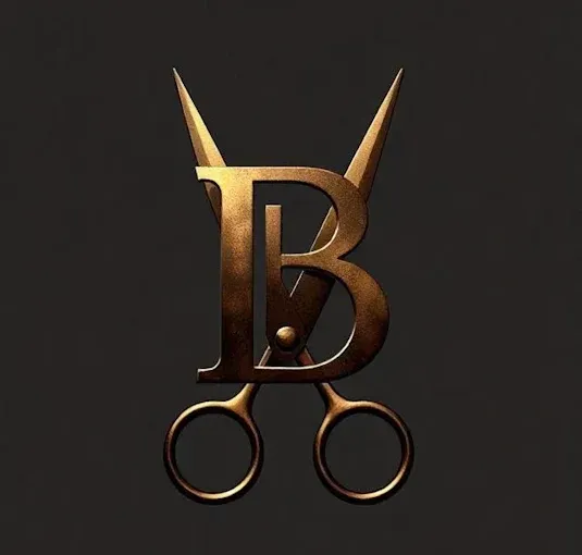 Gold monogram of a B with scissors and pointed shears on a dark background