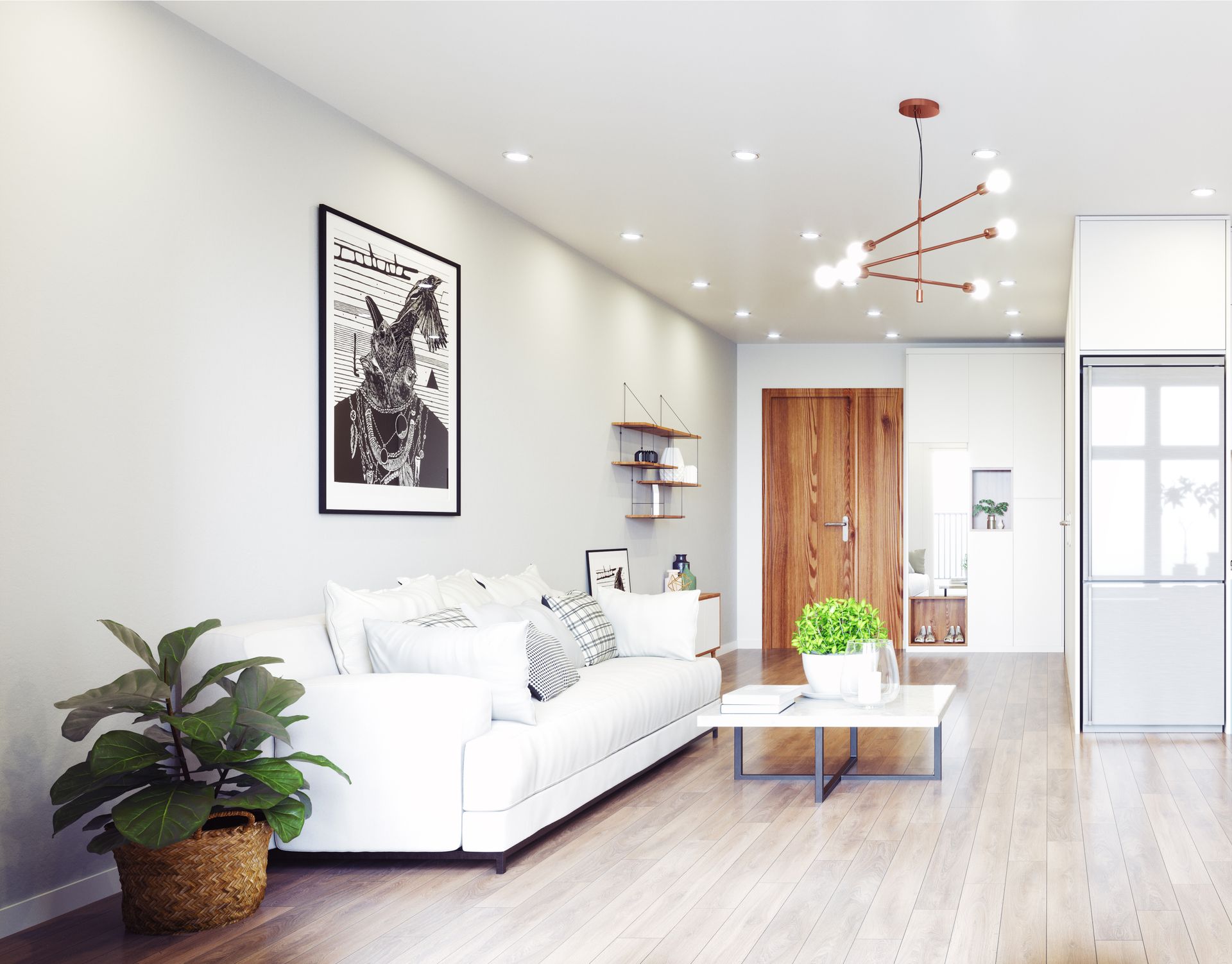 A living room with a white couch and a coffee table