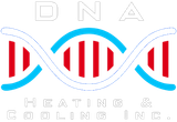DNA Heating & Cooling Inc. logo with blue DNA strand and red bars on white background