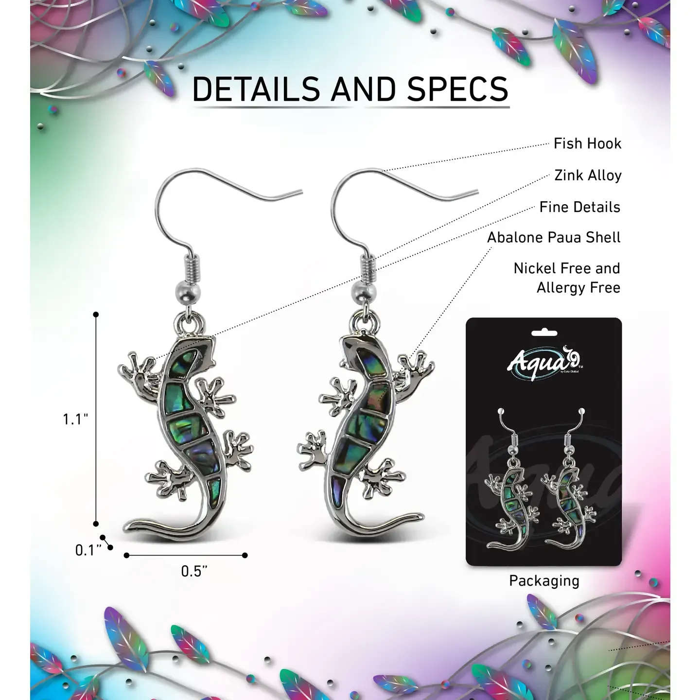 CTG 6835 Aqua79 Jewelry Earrings Dangle Post Fish Hook Natural Paua Gecko