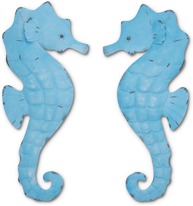 Seahorse Antique Metal Pair Aqua Set Of 2