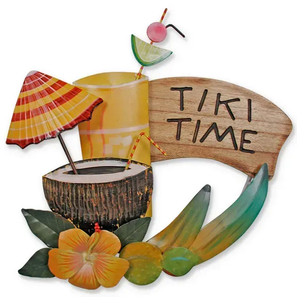 Tiki Time Sign w/Coconut Drink Wood/Metal Wall Art