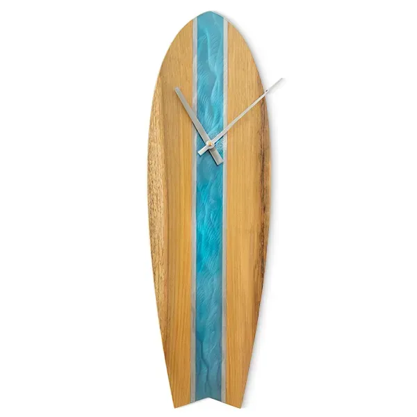 Surfboard Clock 1 (Blue/Stainless Steel & Teak)