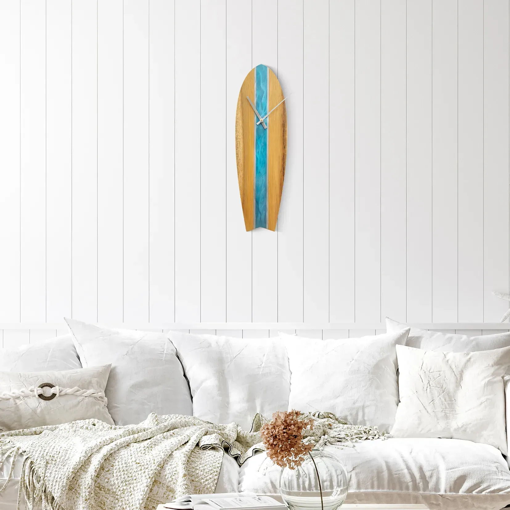 Surfboard Clock 1 (Blue/Stainless Steel & Teak)