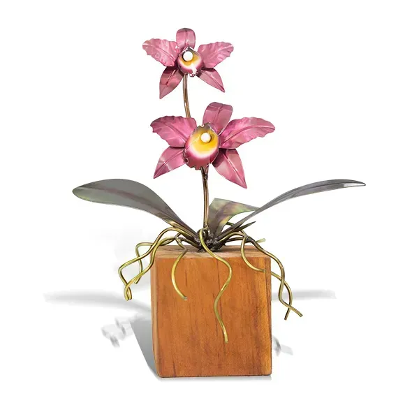 Cattleya Orchid Tabletop on Teak Base Small