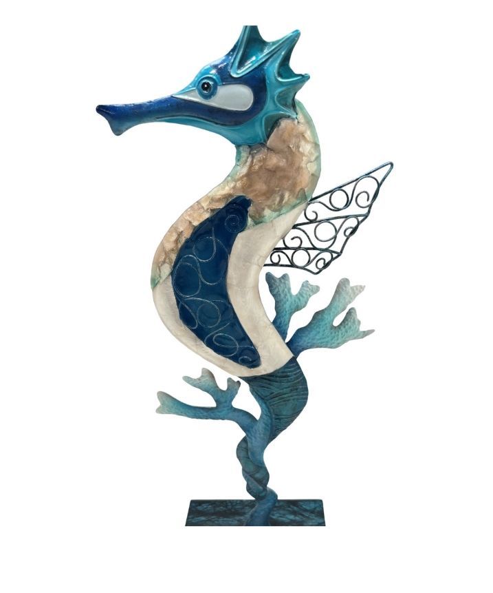 KK BWC-SHR Blue & White Capiz Table Top Seahorse