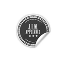 Round sticker with "J.I.M. APPLIANCE" text and stars, a peeling corner, and a dark grey center.