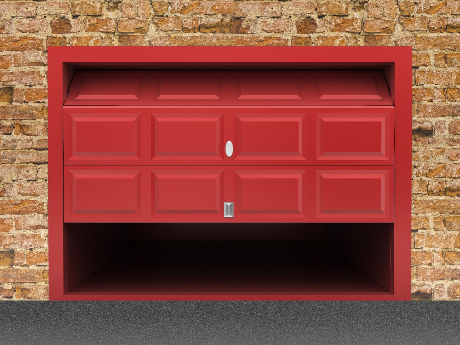 a red garage door is open in front of a brick wall .