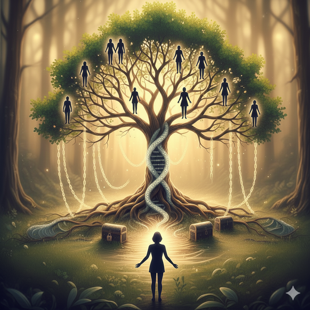 Árbol brillante con tronco de ADN, figuras en ramas conectadas a una figura en la base en el bosque.