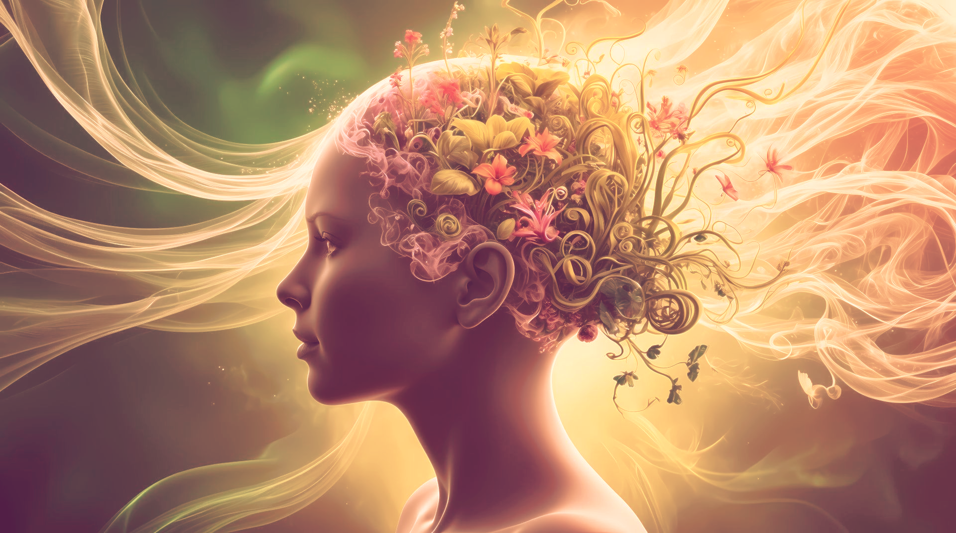 Mujer de perfil con cerebro de flores y luz dorada fluyendo.