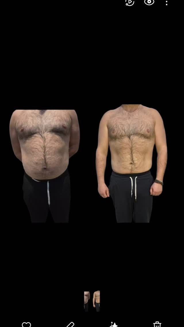 Side-by-side comparison shows a man before and after weight loss; the 