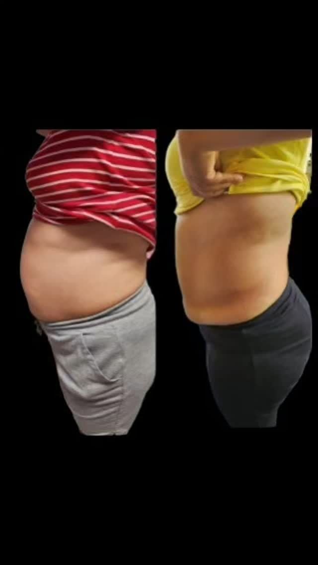 Side-by-side comparison of a person's torso. Left: fuller abdomen, red shirt, gray shorts. Right: slimmer, yellow shirt, black leggings.