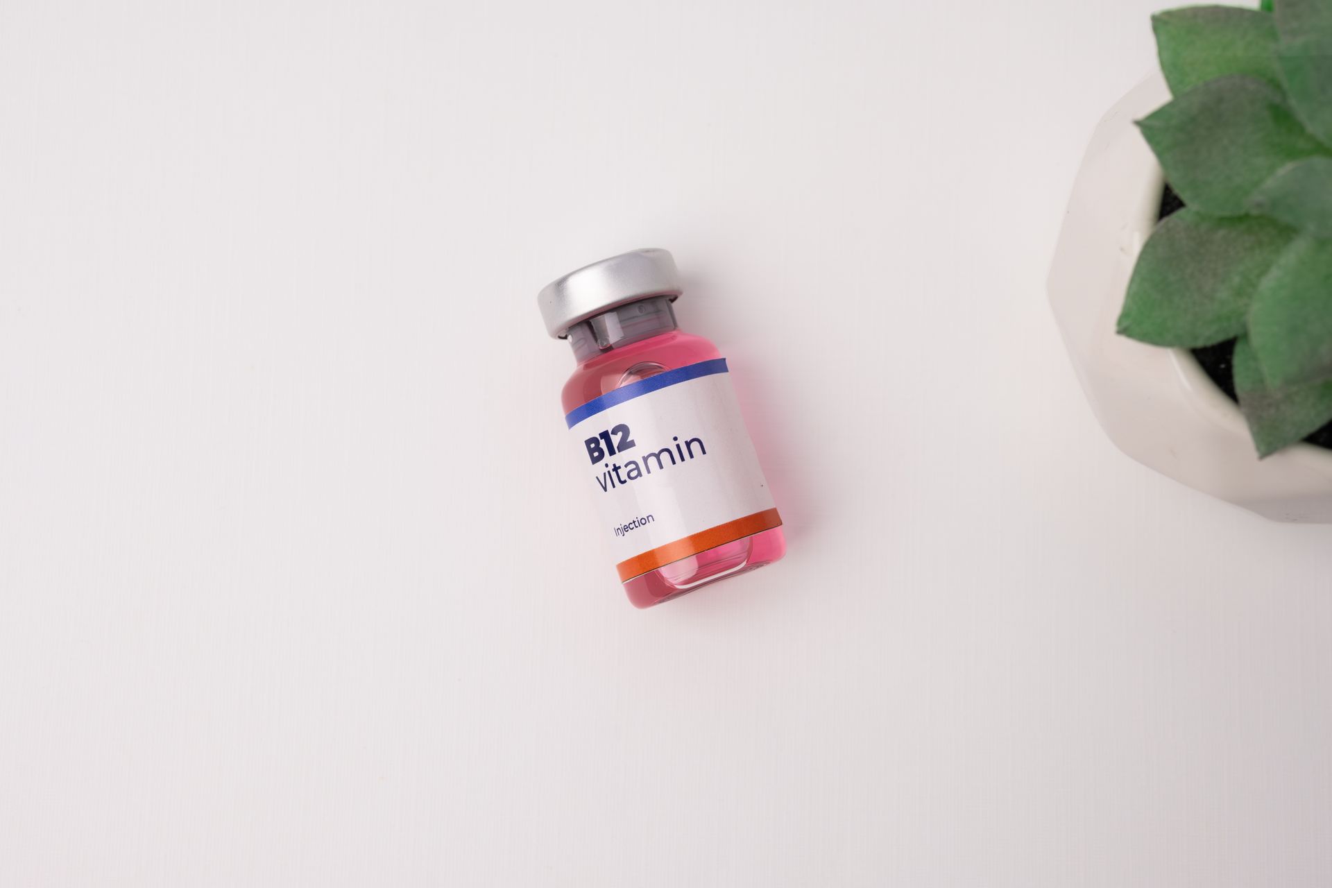 Vial of B12 vitamin on white surface, next to a small succulent in a white geometric pot.
