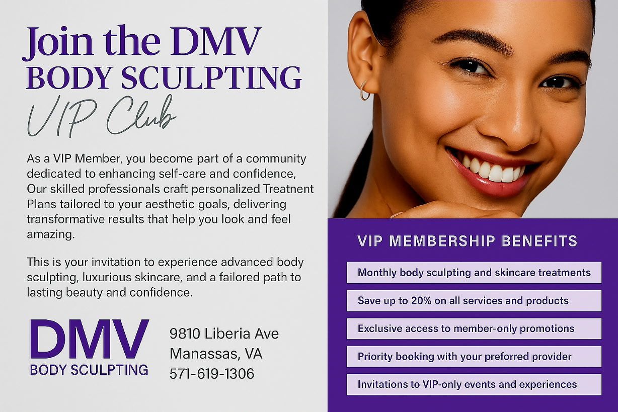 Advertisement for DMV Body Sculpting VIP Club. A woman smiles next to text about the club, benefits and contact info.