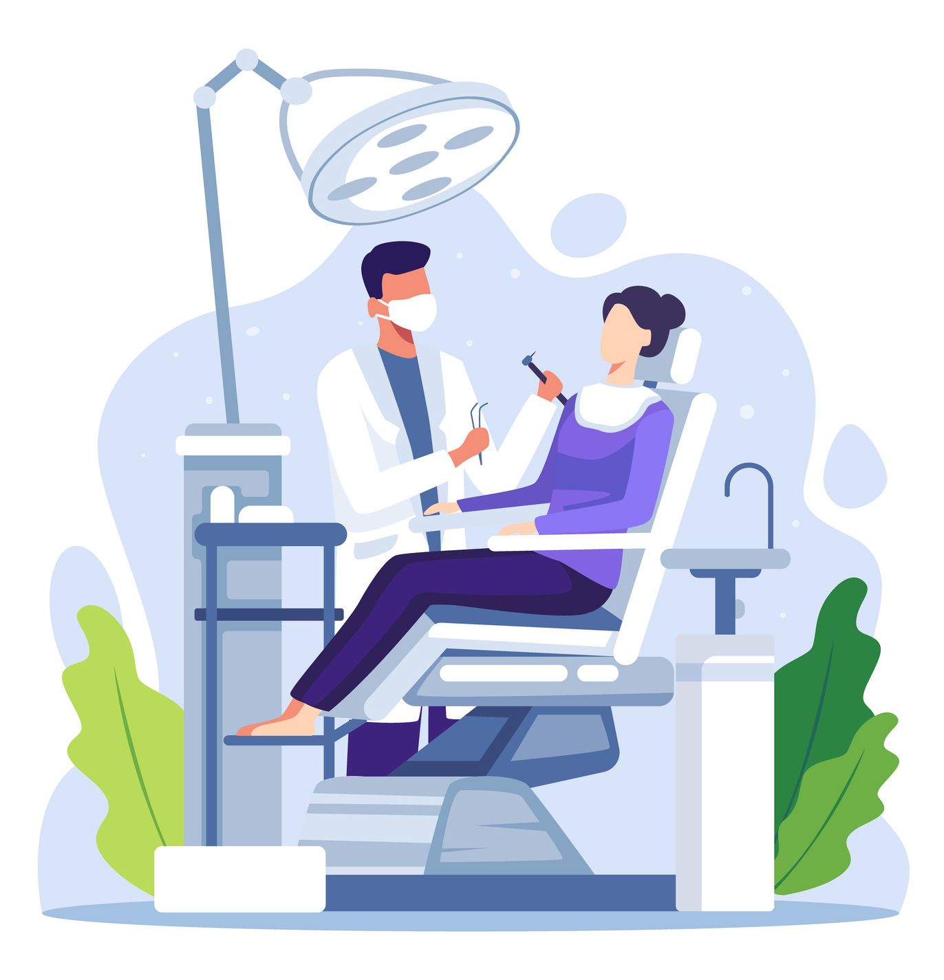 Dentist examining a patient in a dental chair. White coat, mask, light, tools. Blue, purple, green.