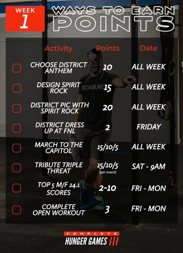 A list of ways to earn points for week 1