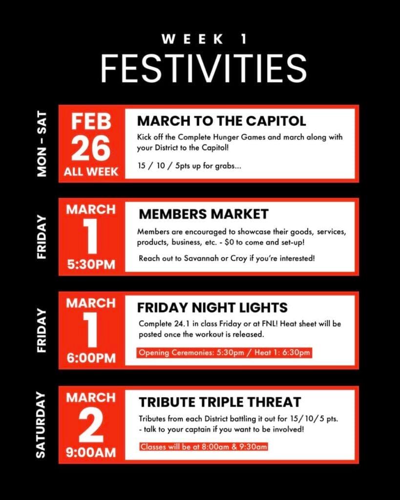 A poster that says ' week 1 festivities ' on it