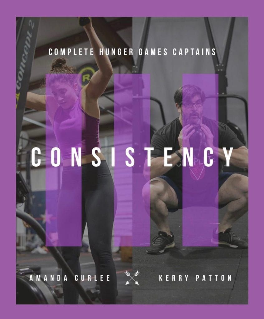 A man and a woman are squatting in front of a sign that says consistency