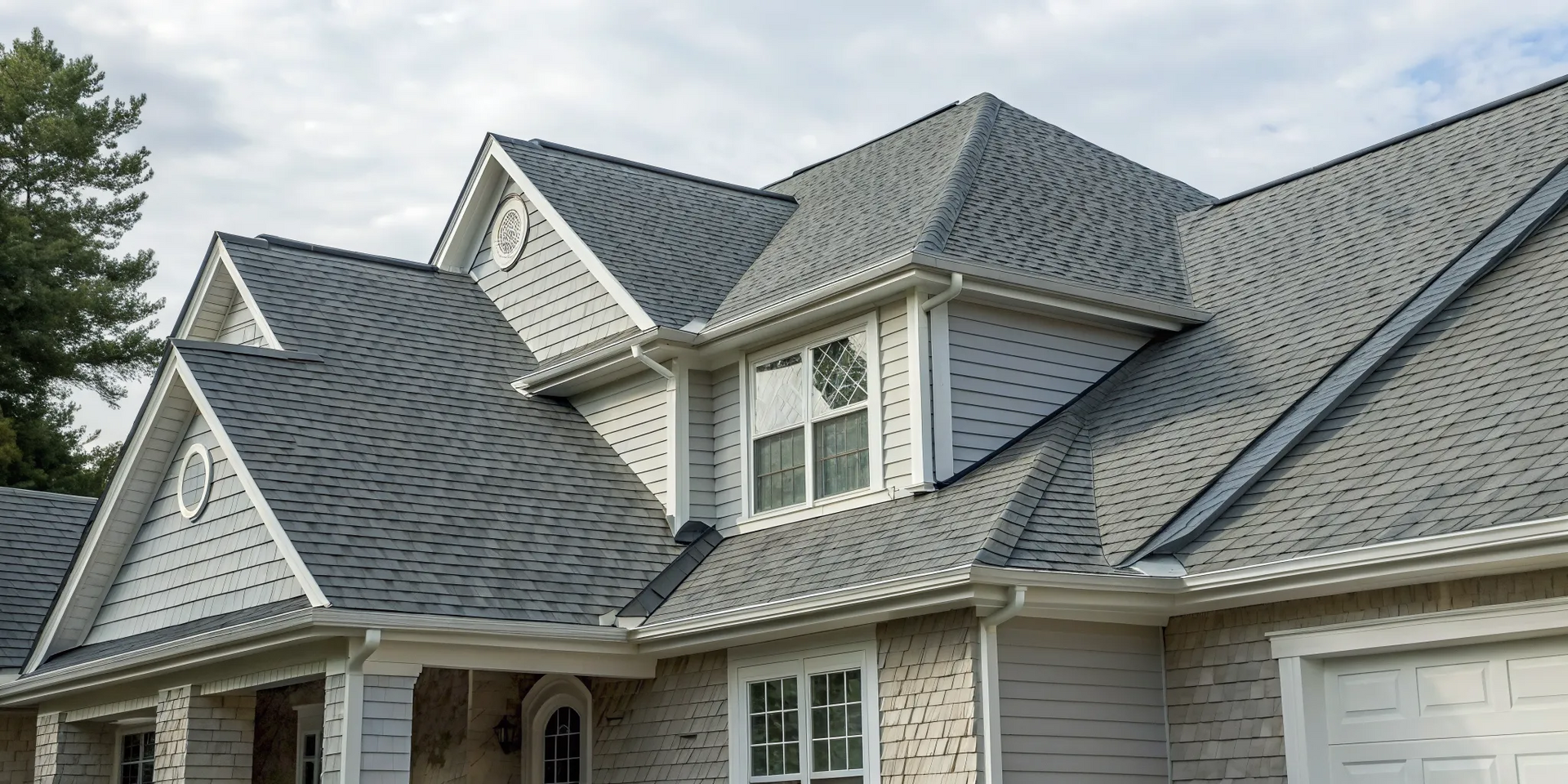 Gray asphalt vs architectural shingles on a modern home's multi-gabled roof.
