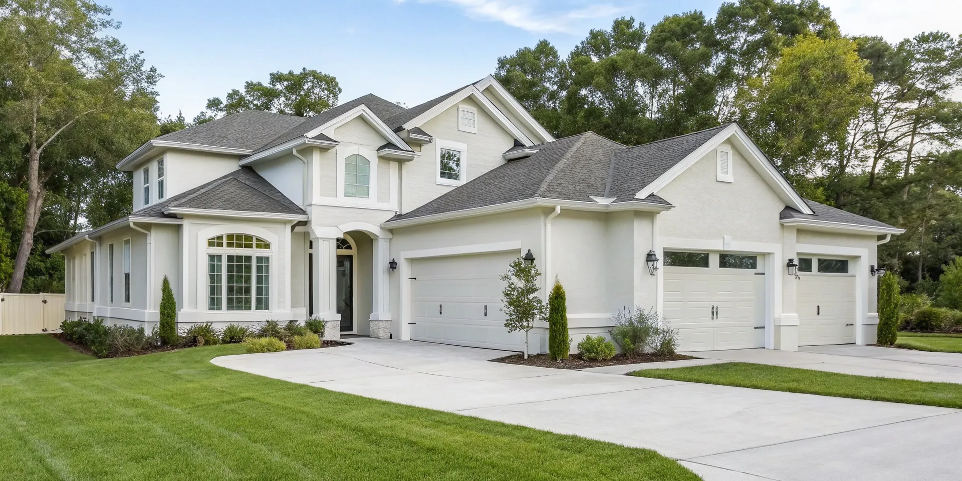 Modern house with a professional exterior painting job, featuring white siding and dark trim.