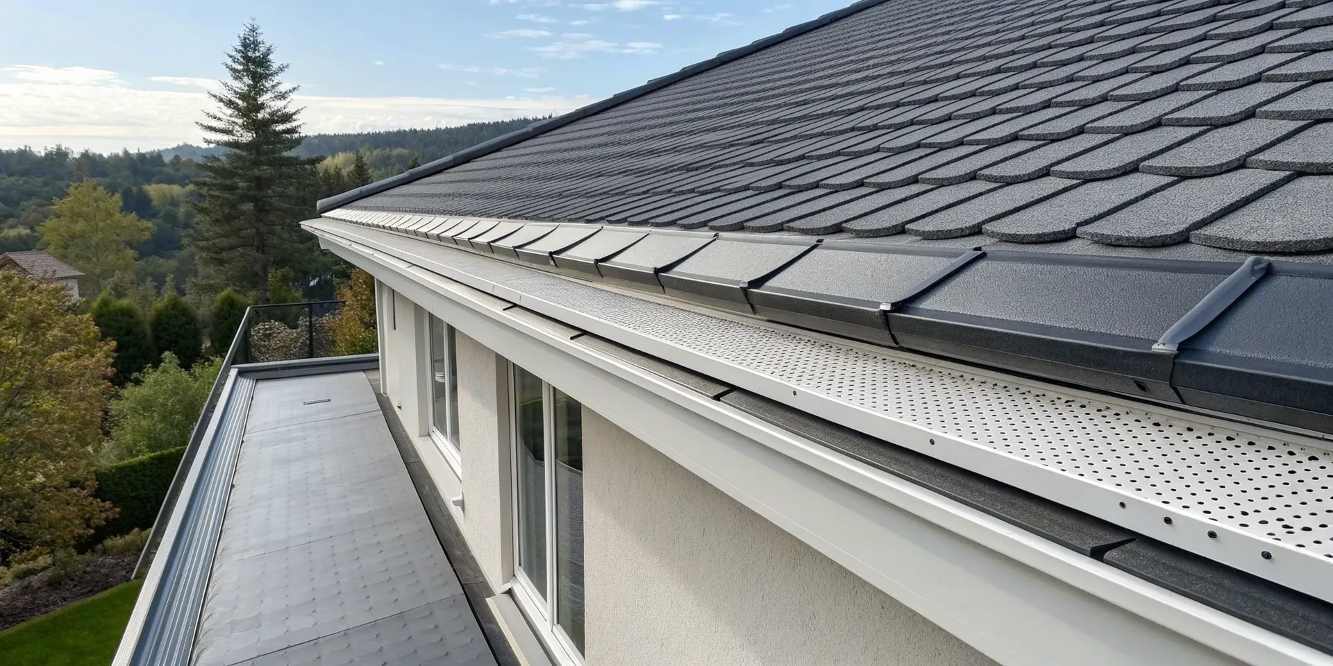 Metal mesh gutter guard installation on a shingled roof.