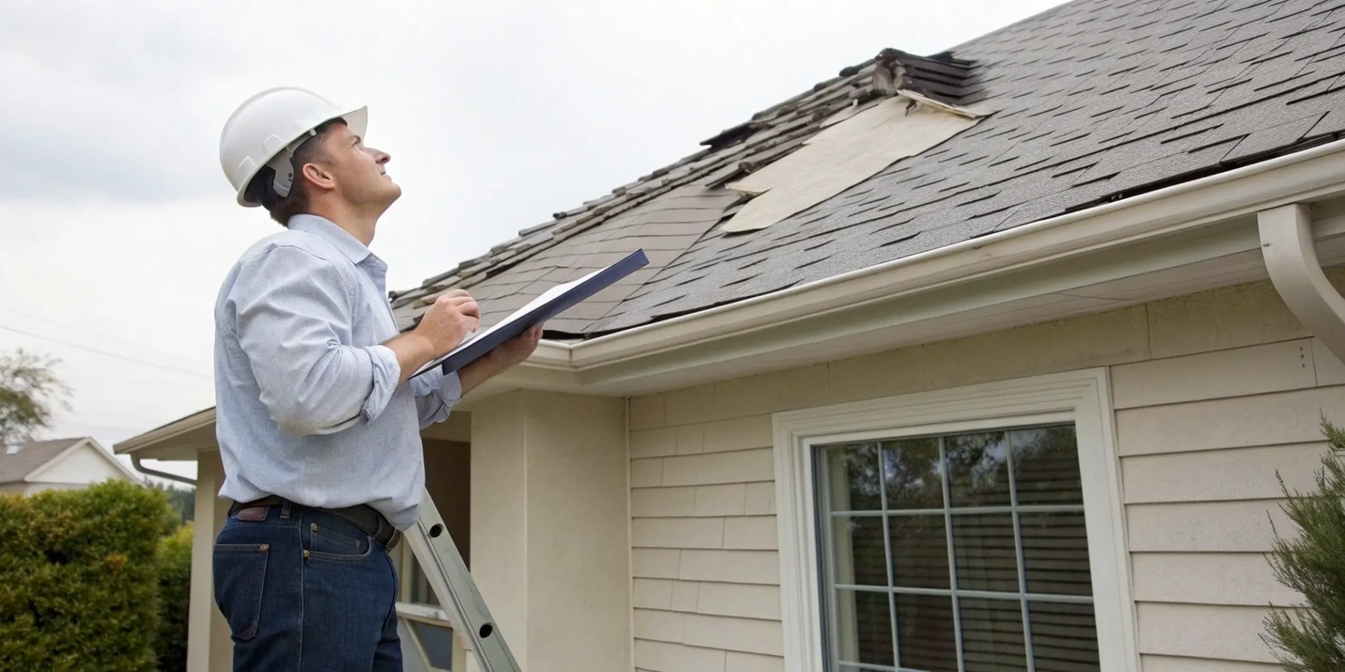 Roofer inspecting damaged shingles to estimate the leaky roof repair cost.