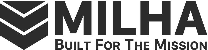 Logo for MILHA: Chevron graphic and text "MILHA Built For The Mission."
