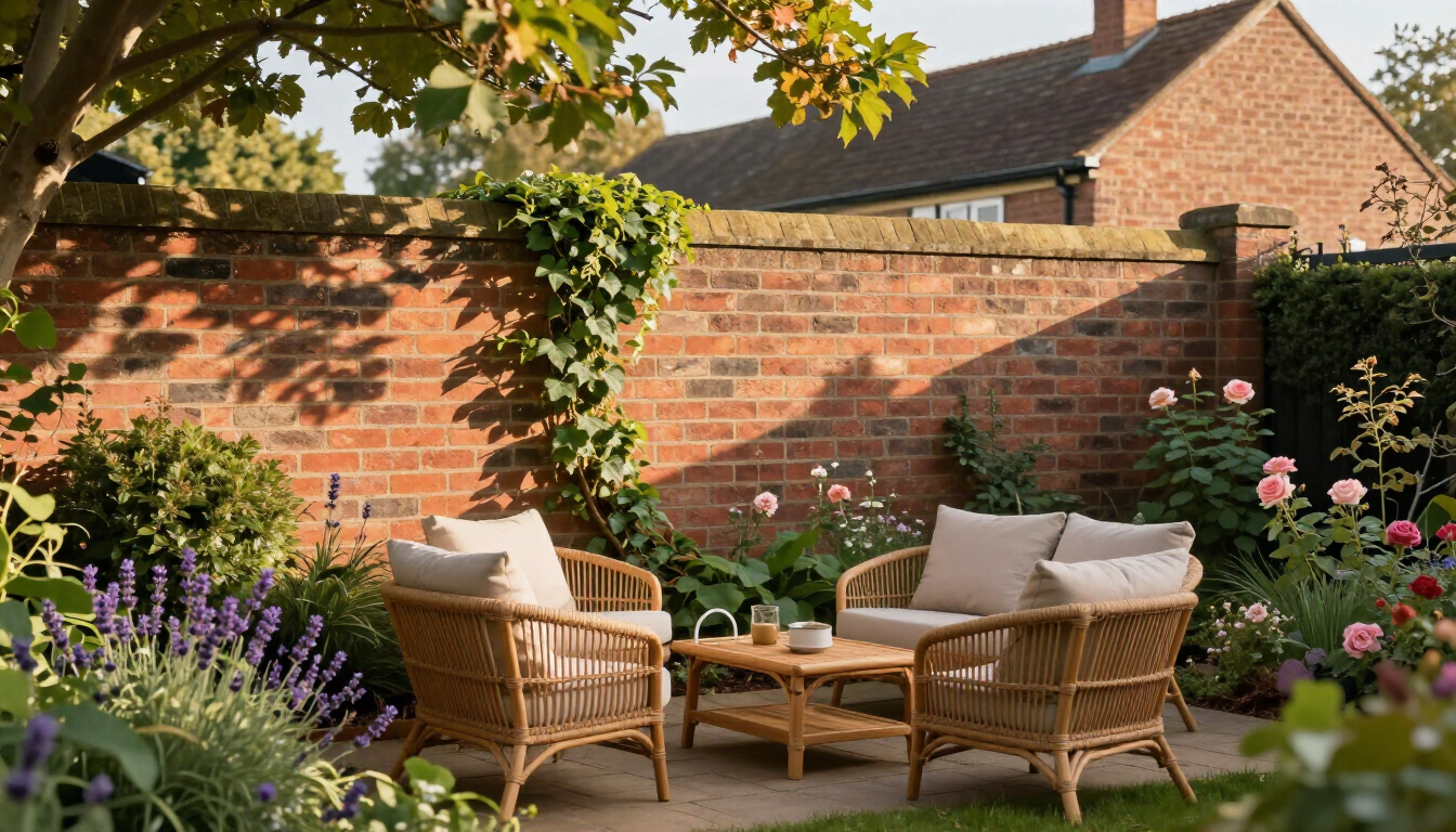 Wicker chairs and a coffee table on a garden patio beside a brick wall, surrounded by flowers and greenery