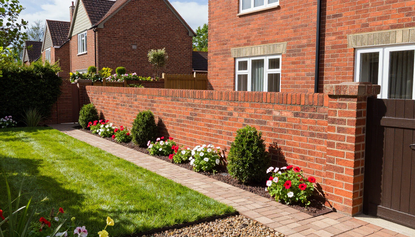 Red brick garden wall with flower beds beside a lawn and a brick house