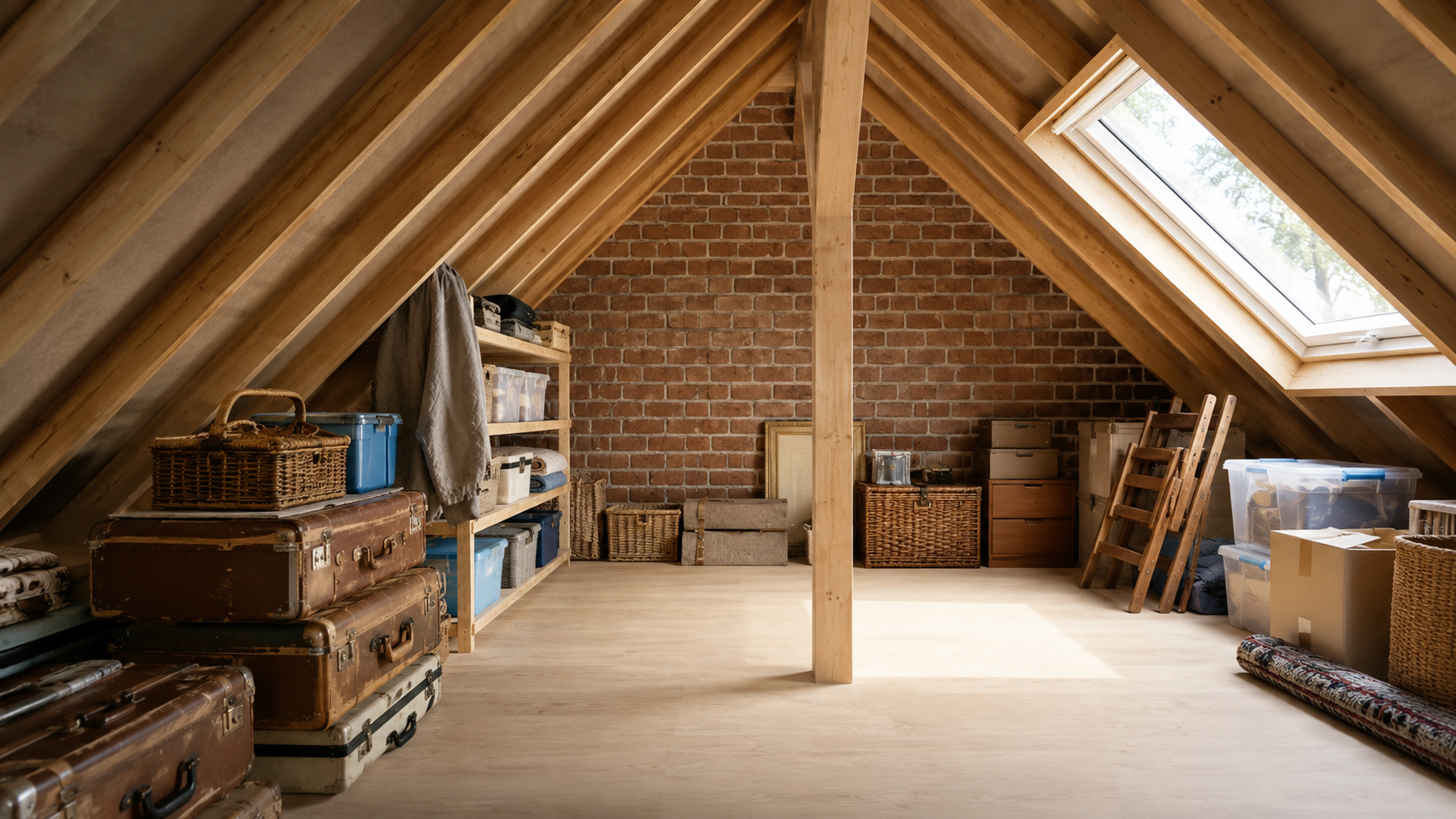 Attic storage room with exposed brick walls, wooden beams, shelves, and boxes under a sloped roof